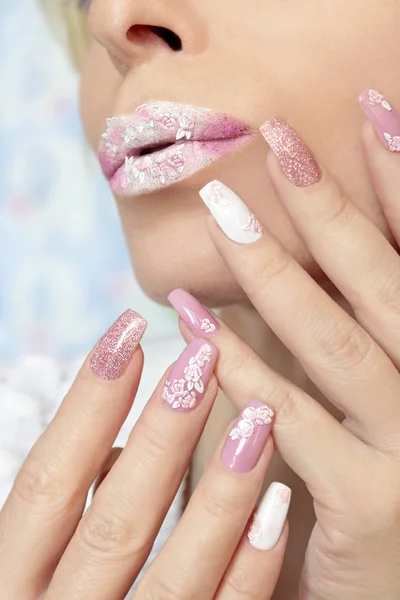 White Pink Pastel Manicure Lip Makeup Close Rose Stickers Girl — Stock Photo, Image