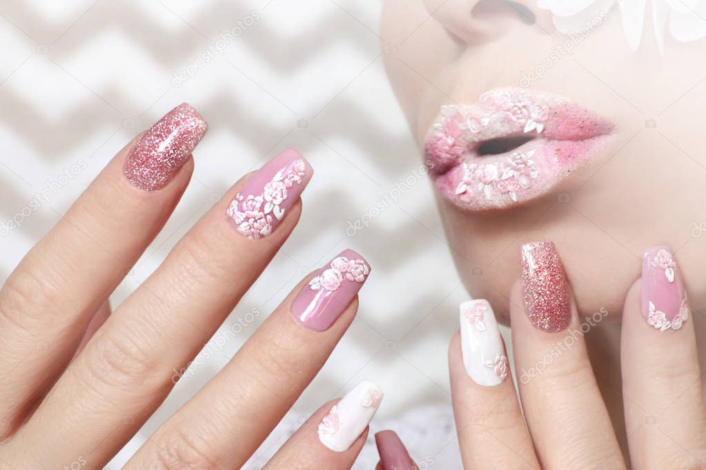 White pink pastel manicure and lip makeup with close-up rose stickers on girl.Nail art.