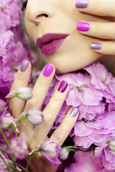 Light Pastel Multi Colored Purple Manicure Makeup Close Girl Flower — Stock Photo, Image