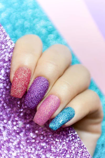 Design Long Nails Multicolored Sequin Closeup Nail Art — Stock Photo, Image