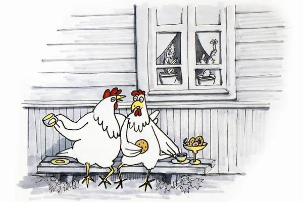 Two Chickens Sit Bench Village Front Window Eat Food Street — Stock Photo, Image