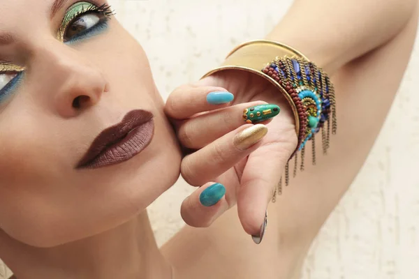 Multi Colored Fashionable Makeup Manicure Turquoise Golden Blue Brown Tones — Stock Photo, Image