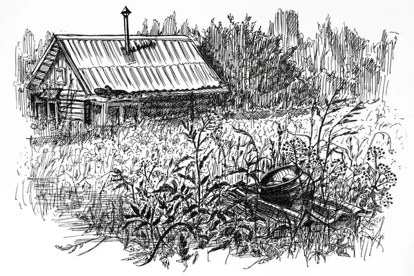 木々の間の村の家の黒と白のデザインでスケッチ 農村生活 — ストック写真