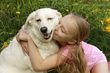 Yazın, bitkilerin arka planında en sevdiğiniz evcil köpeğinizle samimi iletişim kuran kızlar..
