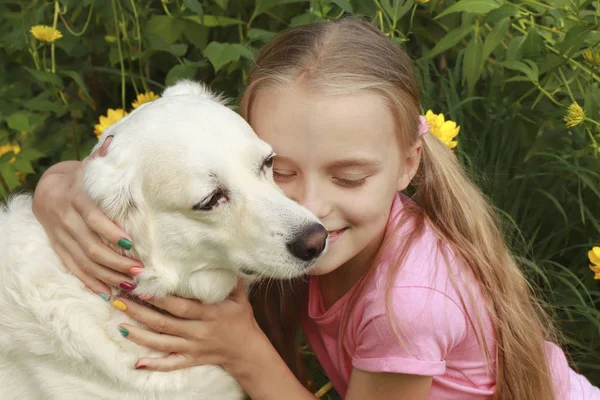 Meninas Comunicação Amigável Com Seu Cão Estimação Favorito Verão Natureza — Fotografia de Stock