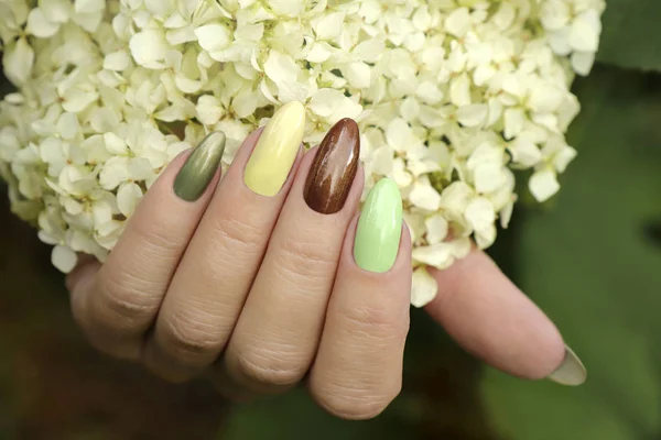 Kleur Manicure Met Pastel Parel Nagellakken Een Lange Ovale Vorm — Stockfoto