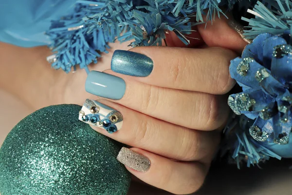 Christmas Winter Nail Design Different Colors Patterns Nail Polish Rhinestones — Stok fotoğraf