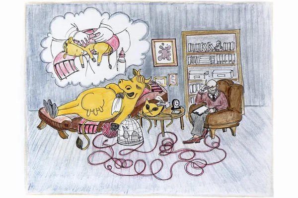 Dibujos Animados Humorísticos Con Psicólogo Una Vaca Acostados Sofá Soñando — Foto de Stock