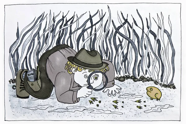 Dibujo Niño Sombrero Con Una Lupa Estudiando Las Huellas Animales — Foto de Stock