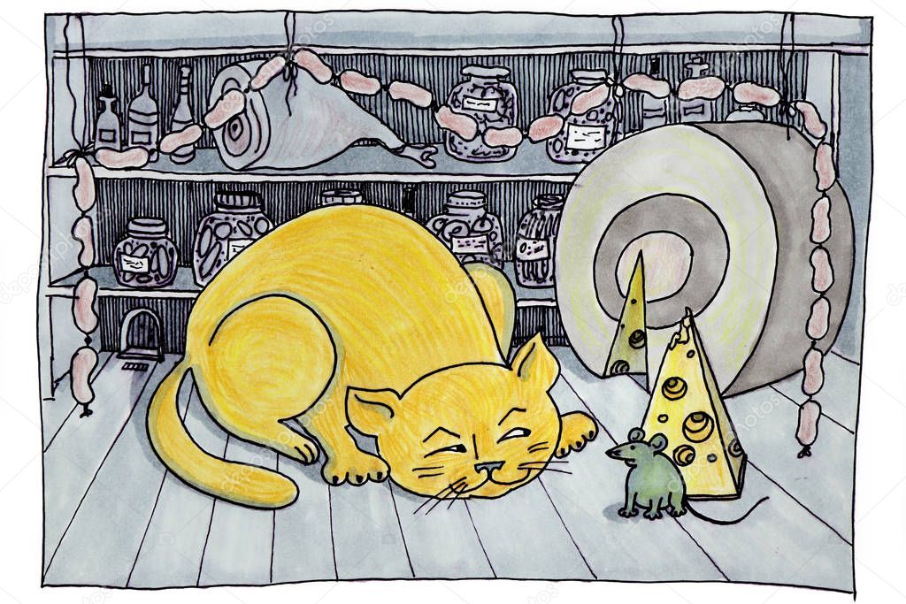 Funny cartoon drawing of a cat meeting with a mouse in the pantry with food.Meeting place food.