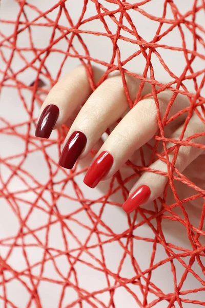 Fashionable Red Nail Polish Color Light Dark Rectangular Shape Nail — Stock Photo, Image