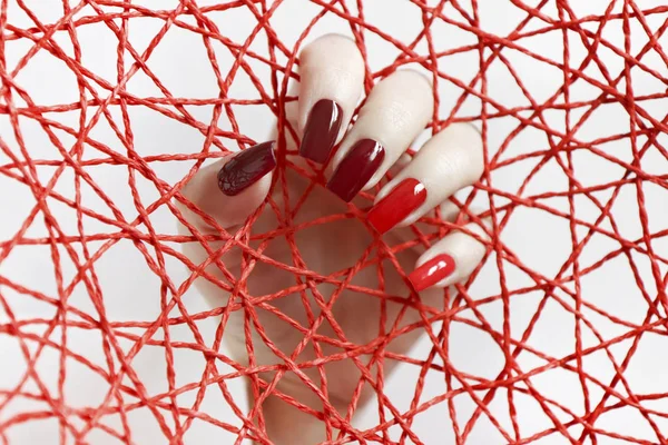Fashionable Red Nail Polish Color Light Dark Rectangular Shape Nail — Stock Photo, Image