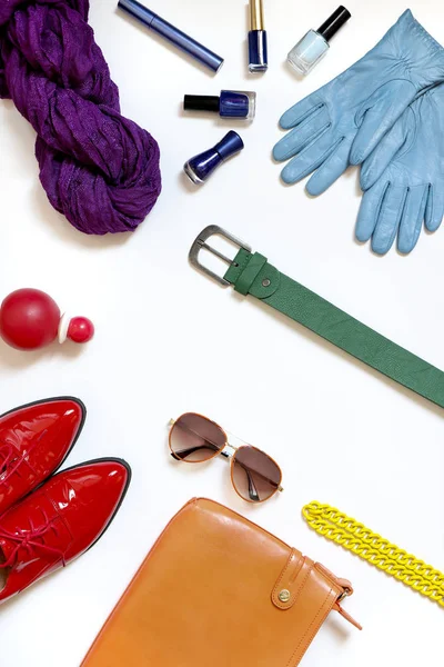 Assortiment Van Kleurrijke Heldere Mode Accessoires Voor Riemen Schoenen Sjaals — Stockfoto