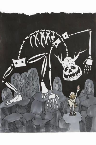 Illustration Fantastique Squelette Avec Des Cornes Nourries Par Jeune Enfant — Photo