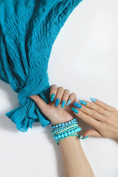 Fashionable Oval Long Nails Different Shades Nail Polish Light Blue — Stock Photo, Image