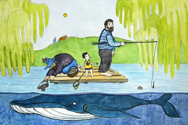 息子の家族は夏にいかだで一緒に釣りに時間を過ごす 巨大なクジラの魚は彼らの下に泳いで 餌のために落ちないように非表示にします — ストック写真