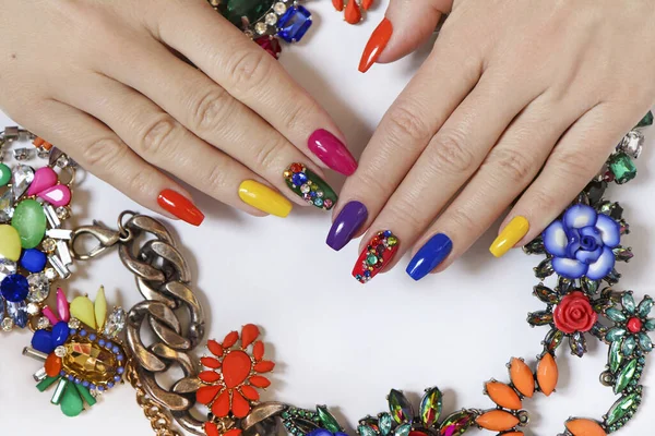 Creative Bright Saturated Manicure Long Nails Rhinestones Nail Art Women — Stock Photo, Image