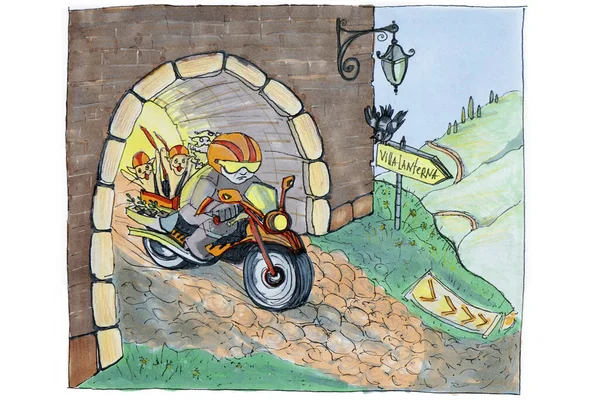 Dibujo Divertidos Viajeros Divertidos Una Motocicleta Dejando Arco Del Castillo — Foto de Stock