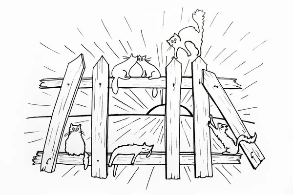 Drawing black and white of a group of cats that sit on a fence at sunrise on a white background.