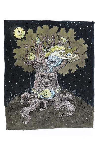 A drawing of a magic oak tree with a chain, powerful roots on the ground and a mermaid sitting on branches and reading a book at night by the moon.