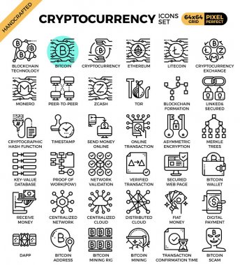 Çağdaş çizgi simgesi tarzı kullanıcı arabirimi, ux, Web sitesi, web, app grafik tasarım için Cryptocurrency ve blockchain teknoloji kavramı Icons set