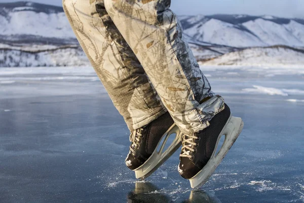 Skater Man Black Skates Winter Warm Ski Pants Shows Moon — Stock Photo, Image