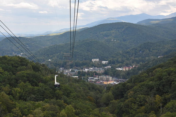 GATLINBURG, TN - OCT 3: Aerial Tramway to Ober Gatlinburg from downtown Gatlinburg in Tennessee, as seen on Oct 3, 2016. The 2.1 miles tram ride runs 17 miles per hour and takes about 10 minutes.