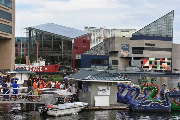 Baltimore, MARYLAND - 2 Temmuz 2017 'de Baltimore, Maryland' deki Federal Hill Park 'tan Inner Harbor' ın görüntüsü. Liman tarihi bir liman, turistik eğlence ve dönüm noktasıdır..