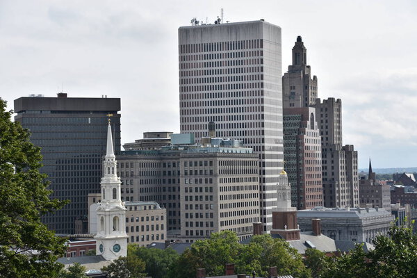 PROVIDENCE, RHODE ISLAND - AUG 13: Downtown Providence in Rhode Island, as seen on Aug 13, 2017. Providence is the state capital of Rhode Island.