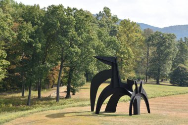 NEW WINDSOR, NY - 22 SEP: 22 Eylül 2019 'da New Windsor, New York' taki Storm King Sanat Merkezi 'nde Alexander Calder tarafından Siyah Bayrak. Bu belki de ABD 'deki en büyük modern açık hava heykel koleksiyonu..
