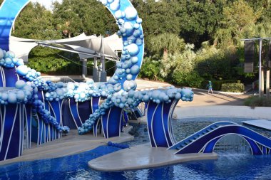 ORLANDO, FL NOV 27: 27 Kasım 2019 'da SeaWorld Orlando, Florida' da görülen Yunus Günleri gösterisi. Bu bir tema ve deniz zooloji parkı. Canlı gösteriler ve gezintiler ve hayvan sergileri de dahil olmak üzere birçok eğlence alanı var..