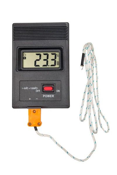 Elektronisches Thermometer mit Thermoelement isoliert auf weißem Hintergrund Stockbild