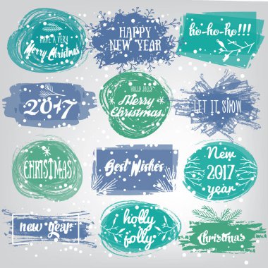 Noel ve yeni yıl ile tasarımlar Etiketler. Dekoratif Etiketler ve öğeleri tasarım yazı tatil için ayarla. Vektör Noel pul logo resimli.