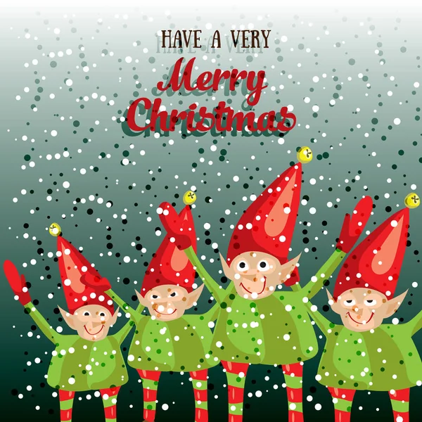 Les petits assistants du Père Noël vous souhaitent un joyeux Noël. Carte de vœux vectorielle illustrée. Modèle d'affiche décorative avec des petits elfes. Invitation de vacances. Nouvelle année fête poster design . — Image vectorielle