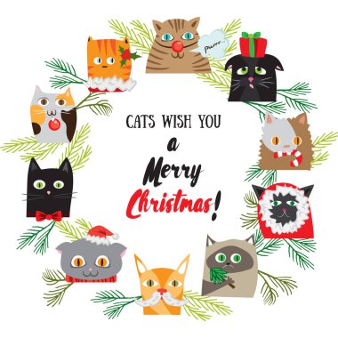 Vektör karikatür Noel arka plan şirin kedi karakterlerle. Yeni yıl kartpostal tasarım. Chistmas yavru kedi tatil şablonu