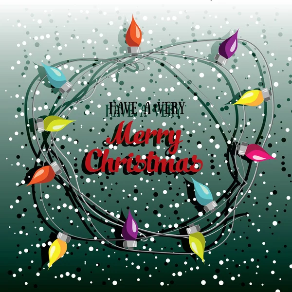 メリークリスマス！ベクトルには、電球のガーランドと greetin カードが示されています。カラフルな休日党ポスター デザイン。装飾的な招待状のテンプレートです。多色照明電球の背景. — ストックベクタ