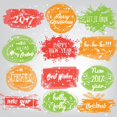 Noel ve yeni yıl ile tasarımlar Etiketler. Dekoratif Etiketler ve öğeleri tasarım yazı tatil için ayarla. Vektör Noel pul logo resimli.