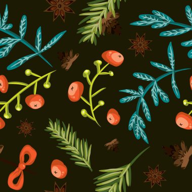 Sorunsuz Noel arka plan. Döşeme botanik deseni. Vektör döşenmiş duvar kağıdı resimli. Dekoratif kağıt doku çam kozalakları ile kaydırma, çırpı, kırmızı meyveler, mavi hayat ve anason yıldız siyah