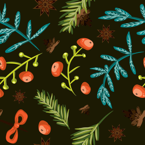 Seamless Christmas background. Tile botanical pattern. Vector illustrated tiled wallpaper. Decorative wrapping paper texture with pine cones, twigs, red berries, blue lives and anise stars on black