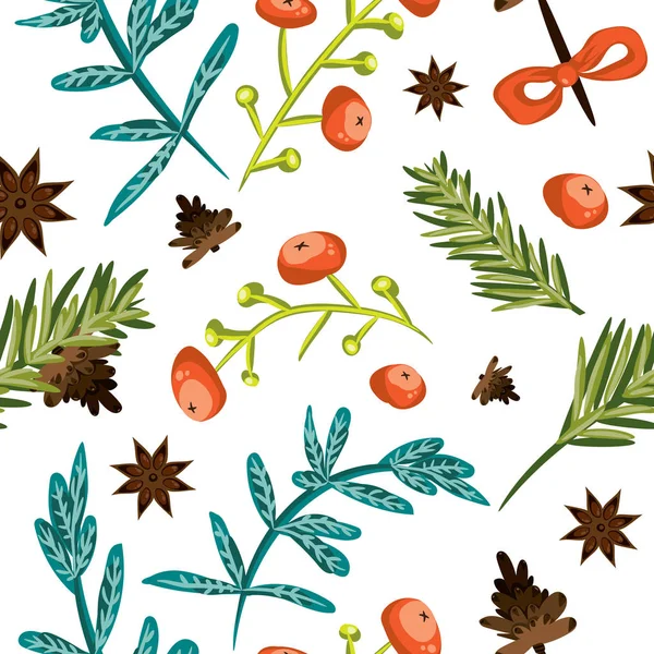 Nahtloser Weihnachtshintergrund. Botanisches Muster. Vektor bebilderte Fliesentapete. Dekorative Verpackungspapier-Textur mit Tannenzapfen, Zweigen, roten Beeren, blauem Leben und Anissternen auf weißem Grund — Stockvektor