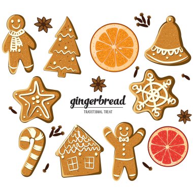 Farklı gingerbreads dizi: dostum, yılbaşı ağacı, çan, yıldız, snowflke, şeker kamışı, ev ve narenciye meyve dilimleri. Vektör Noel davranır koleksiyonu ev yapımı kurabiye ve kokulu baharatlar gösterilmektedir