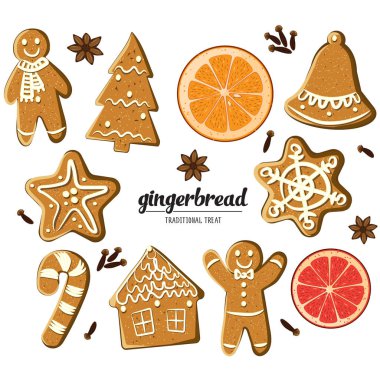 Set of different gingerbreads: man, Christmas tree, bell, star,snowflke,candy cane, house and citrus fruits slices. Vector illustrated Christmas treats collection Homemade cookies and  fragrant spices clipart