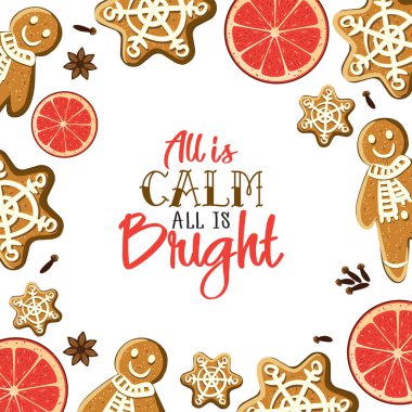 Sakin kadar parlak bir şey. Tatil tebrik kartı gingerbreads, baharat, narenciye slicesand hat öğeleri ile. Modern çizgi film arka plan ile yazı. Xmas dekoratif tasarım şablonu
