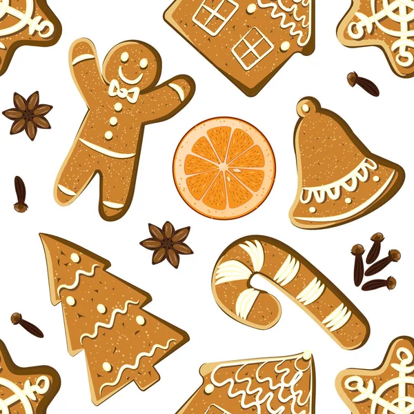 Naadloze patroon met gingerbreads, stukjes sinaasappel en kruiden. Vector Christmas betegelde achtergrond. Winter verpakking papier textuur met geïllustreerde zelfgemaakte bakkerij: gember man, sneeuwvlok, riet van het suikergoed — Stockvector