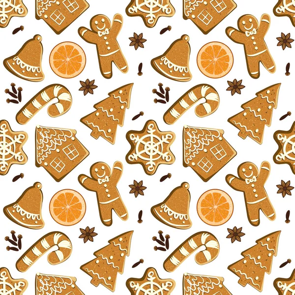 Naadloze patroon met gingerbreads, stukjes sinaasappel en kruiden. Vector Christmas betegelde achtergrond. Winter verpakking papier textuur met geïllustreerde zelfgemaakte bakkerij: gember man, sneeuwvlok, riet van het suikergoed — Stockvector