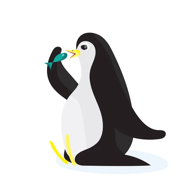 Pingüino de dibujos animados comiéndose el pescado. Ilustración vectorial plana, aislada sobre fondo blanco — Vector de stock