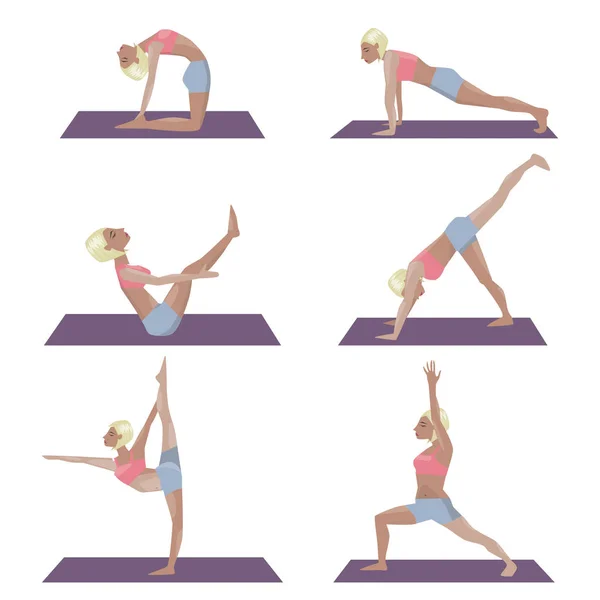 Serie di pose isolate di yoga vettoriale. Giovani donne istruttrice facendo esercizi di stretching. Illustrazione a vettore piatto. Bionda ragazza yogun esegue posa yoga — Vettoriale Stock