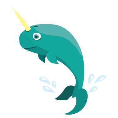 Mavi bebek boynuzlu balina. Beyaz arka plan üzerinde izole düz vektör çizim. Sevimli çizgi tek boynuzlu at-balık spiral boynuzu ile.