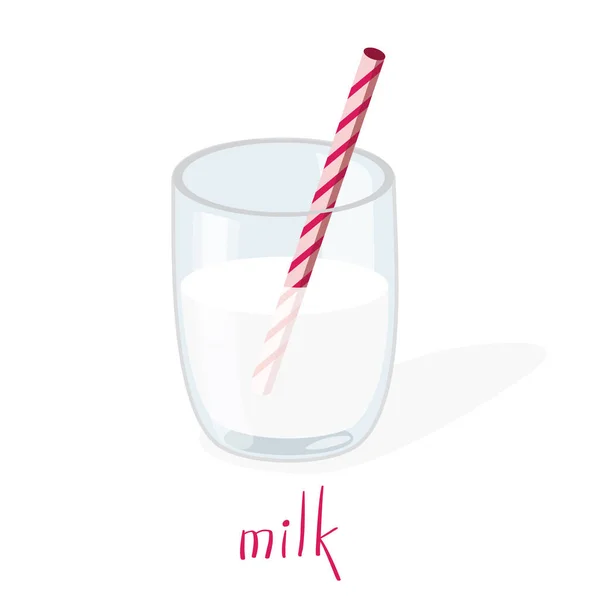 Bicchiere cartone animato di latte. Illustrazione vettoriale. Latte con paglia rosa isolato su fondo bianco — Vettoriale Stock