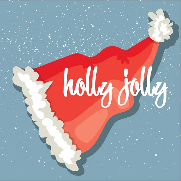Cartão postal Holly Jolly. Cartão de saudação de inverno com chapéu de Papai Noel e letras modernas. Ilustração vetorial — Vetor de Stock